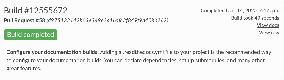 ReadTheDocs website showing the build